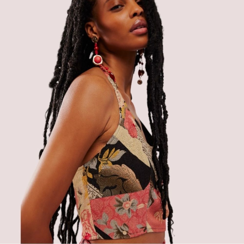 NWT Free People Rae Crop Halter Top in Black, Red, & Yellow Print XS - Picture 9 of 9